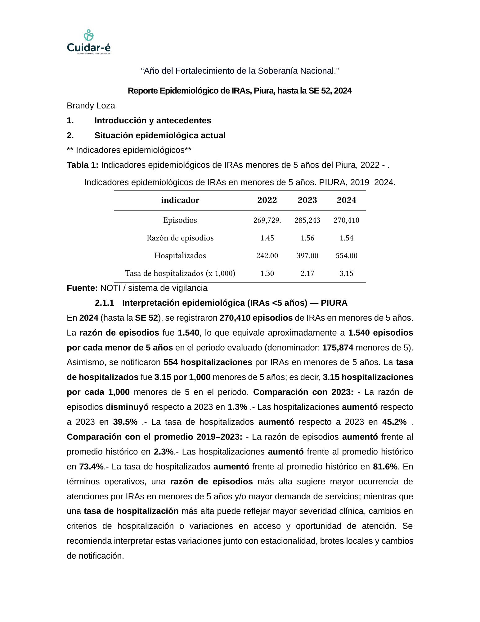 Página 1 del reporte con indicadores epidemiológicos